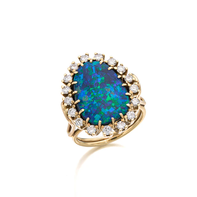 A Black Opal, Diamond and Gold Ring