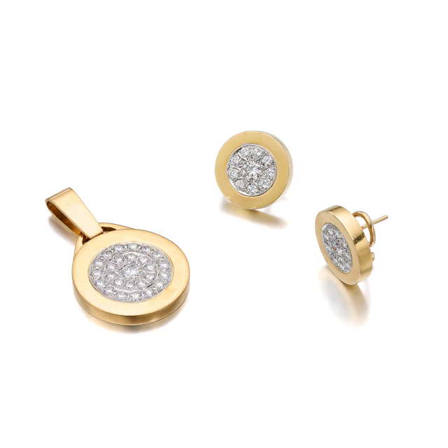 A Diamond and Gold Pendant and Ear Clips