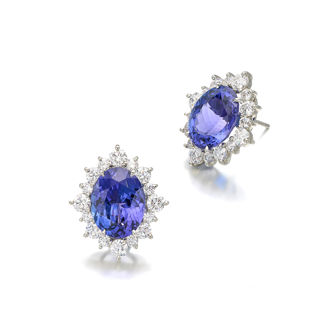 A Pair of Tanzanite, Diamond and White Gold Earrings