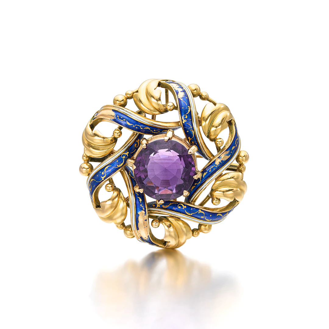 An Amethyst, Enamel and Gold Pendant Brooch