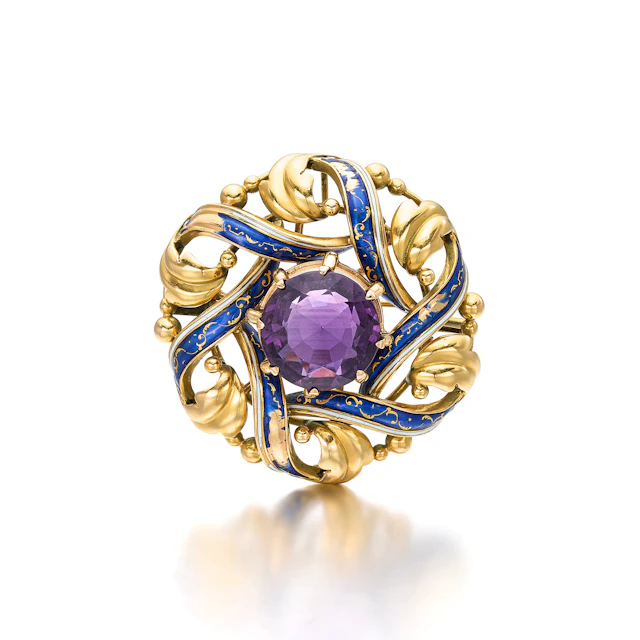 An Amethyst, Enamel and Gold Pendant Brooch