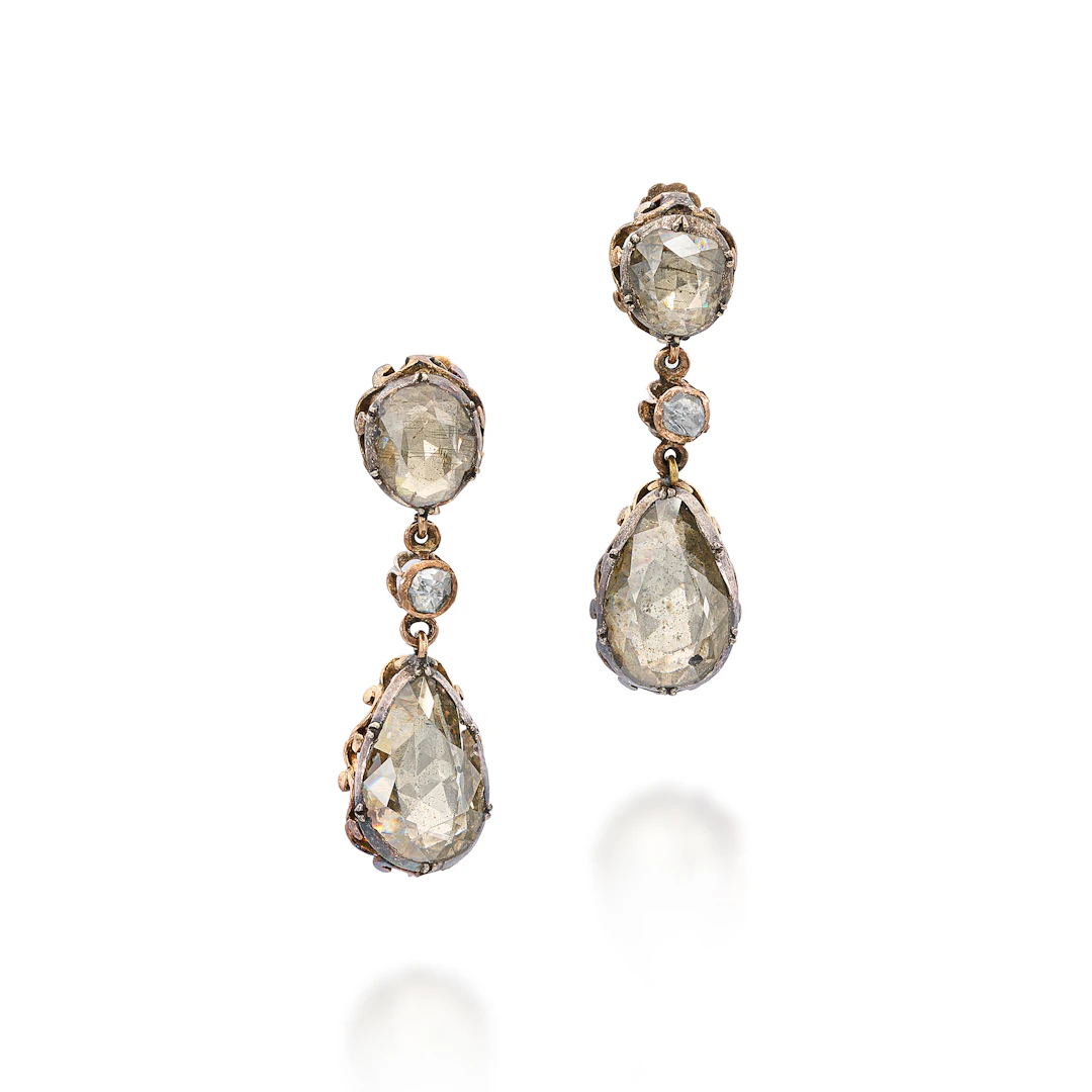 A Pair of Diamond, Silver and Gold Ear Pendants