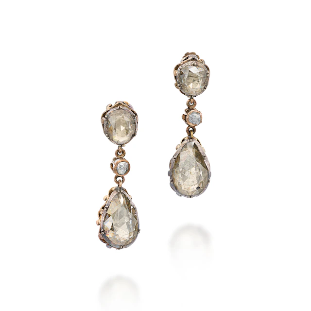 A Pair of Diamond, Silver and Gold Ear Pendants