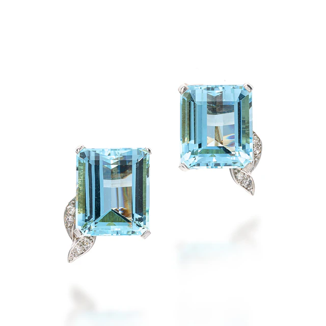 A Pair of Aquamarine, Diamond, Platinum and Gold Ear Clips