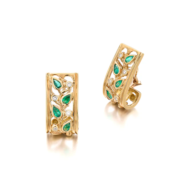A Pair of Emerald, Diamond and Gold Ear Clips