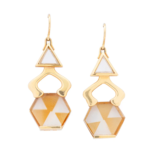 Diamond Macle, Rock Crystal and Gold Ear Pendants, Susan Clark