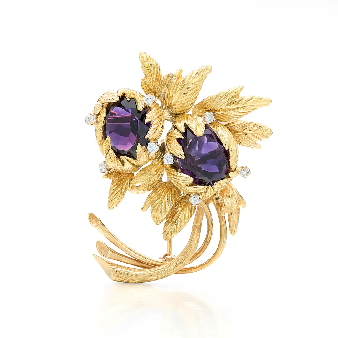 An Amethyst, Diamond and Gold Brooch