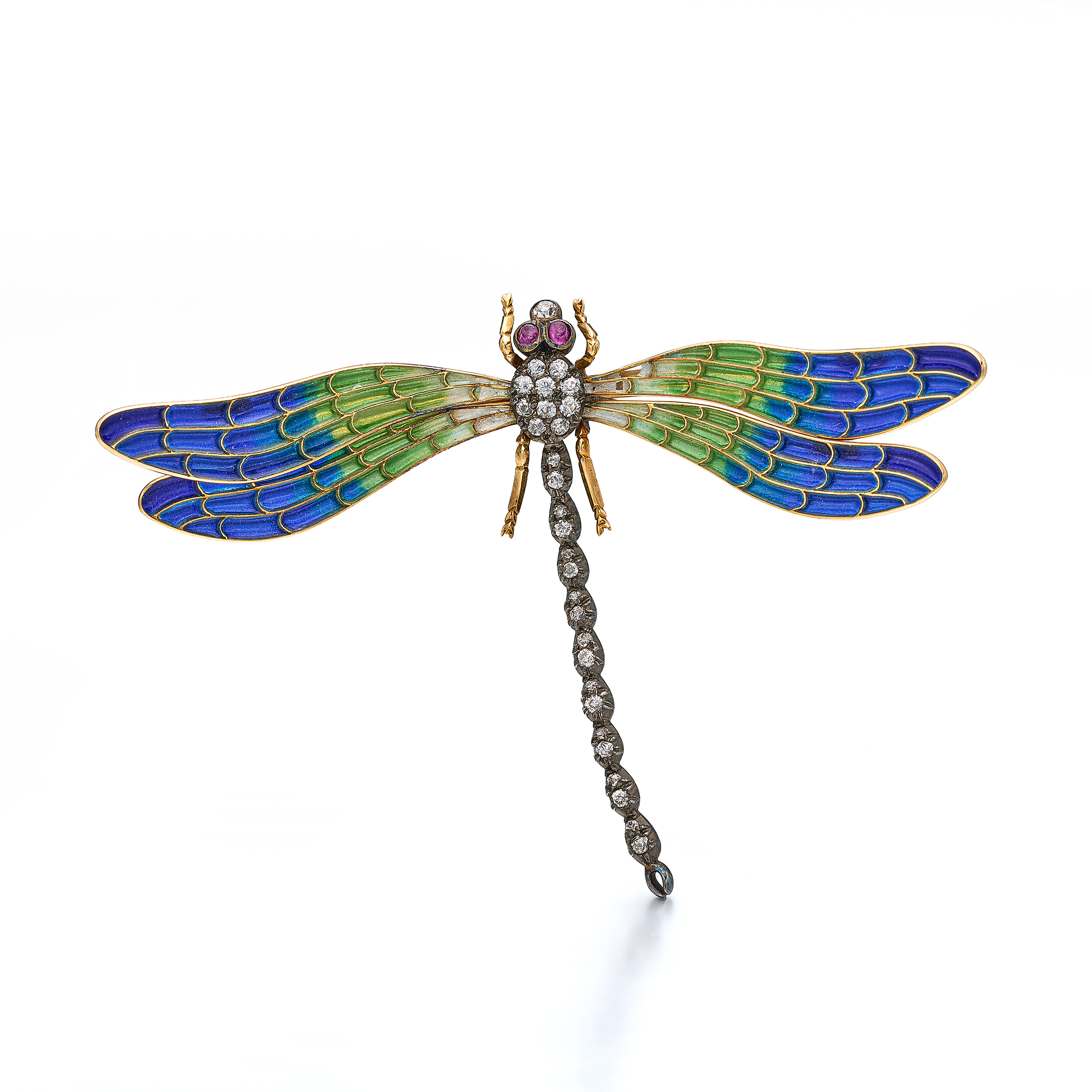 An Antique Enamel, Diamond, Silver and Gold Dragonfly Brooch, circa 1900