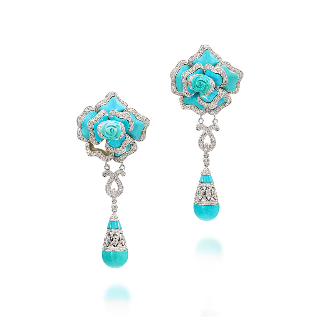 A Pair of Turquoise, Diamond and White Gold Ear Pendants