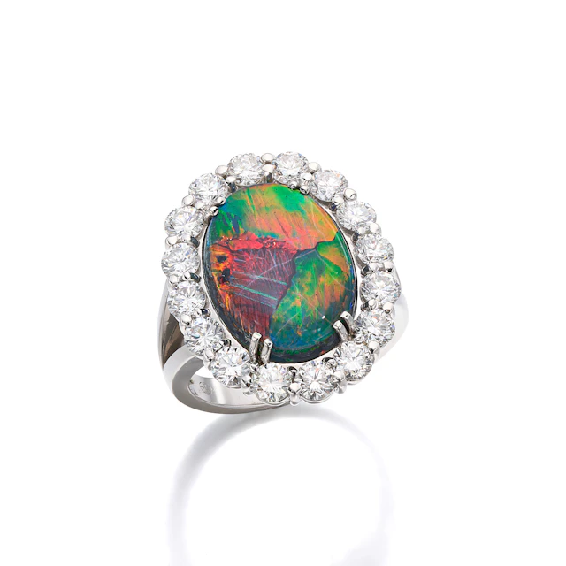 A Black Opal, Diamond and White Gold Ring, Gubelin