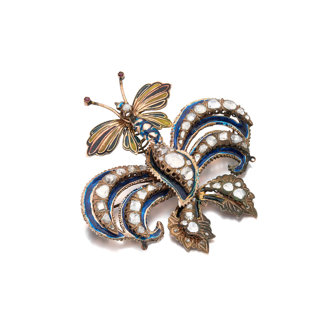 An Antique Enamel, Diamond, Silver and Gold Brooch