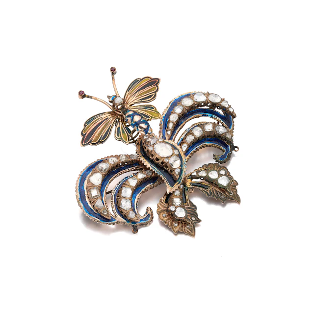 An Antique Enamel, Diamond, Silver and Gold Brooch