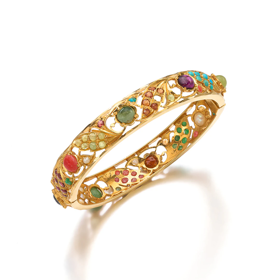 A Multi-Gem and Gold Bangle Bracelet