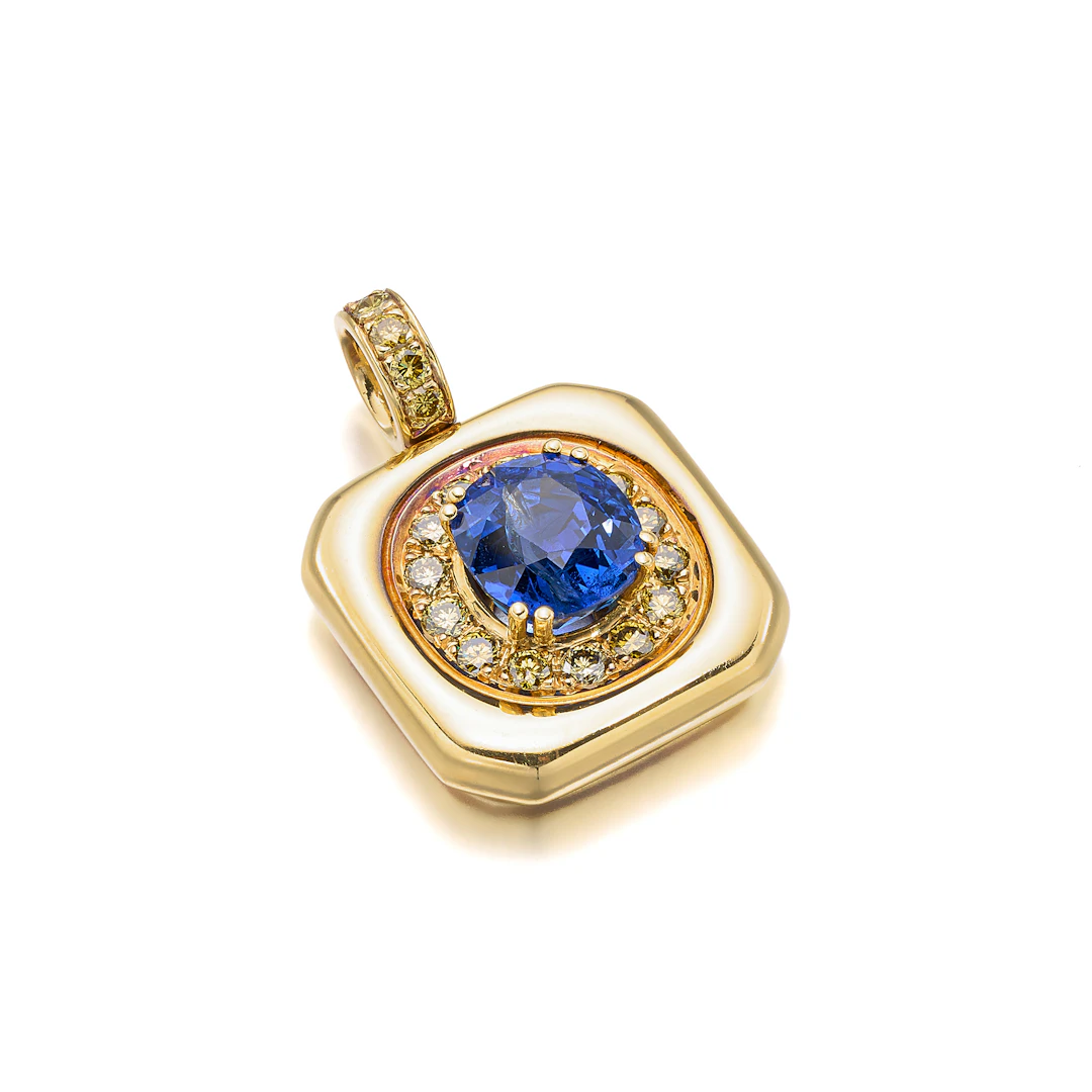 A Sapphire, Coloured Diamond and Gold Pendant
