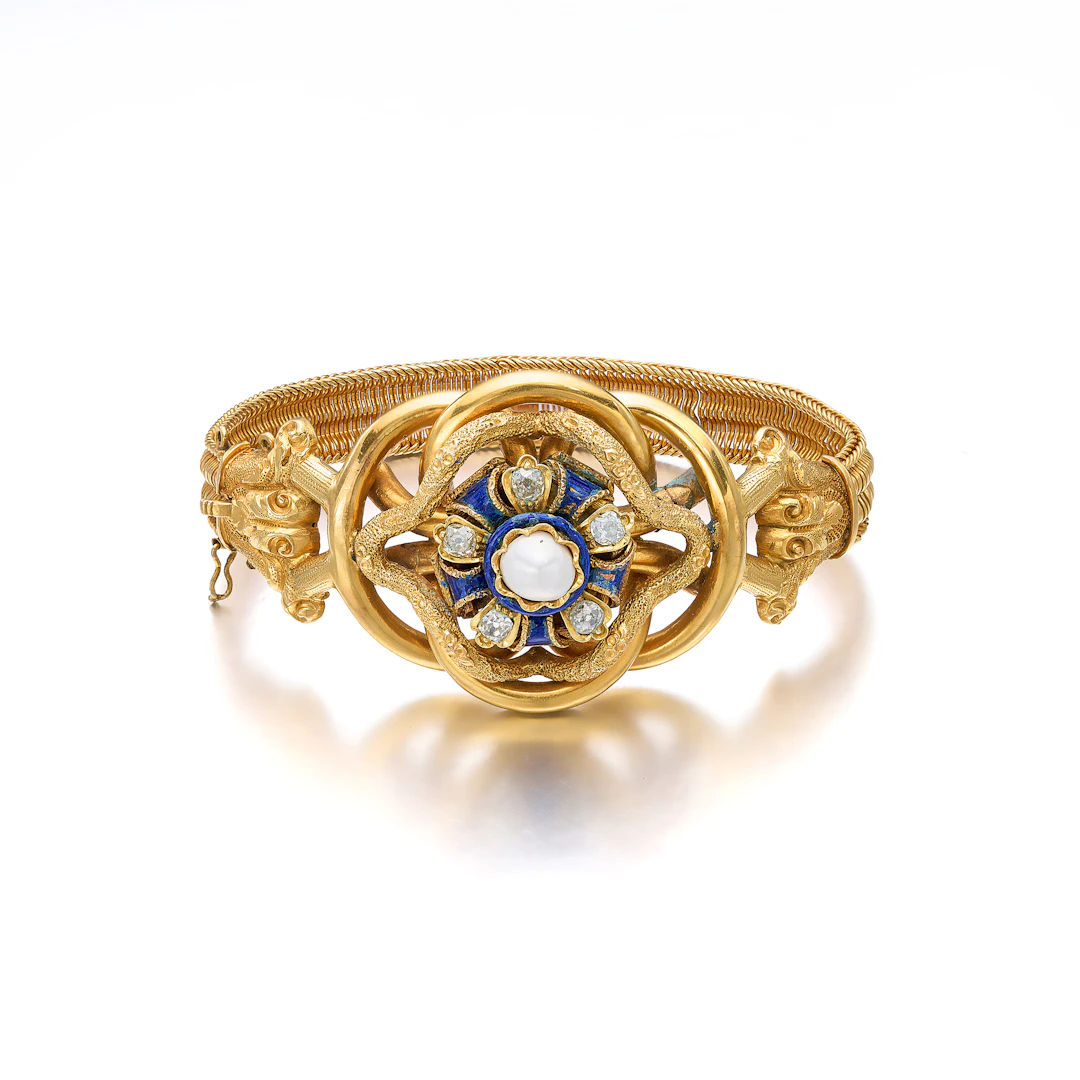 An Antique Split-Pearl, Diamond, Enamel and Gold Bracelet