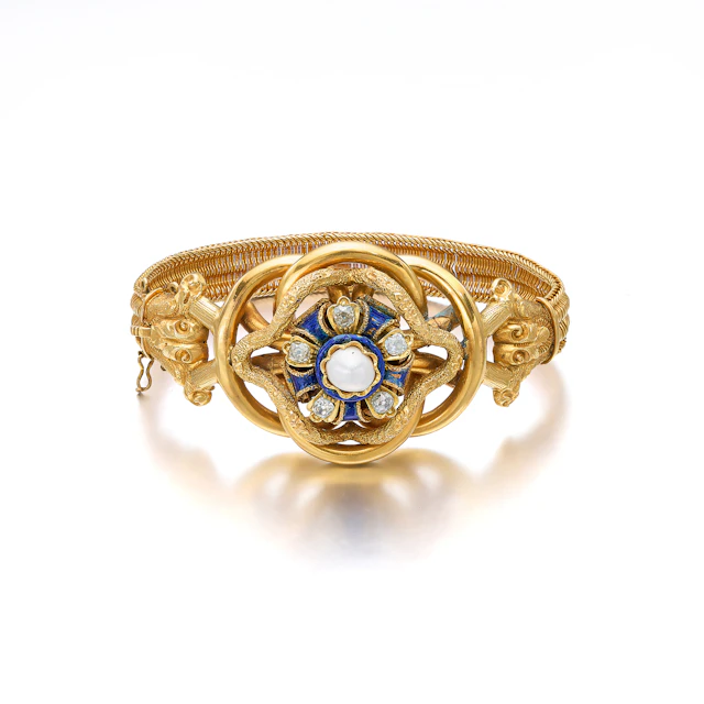 An Antique Split-Pearl, Diamond, Enamel and Gold Bracelet