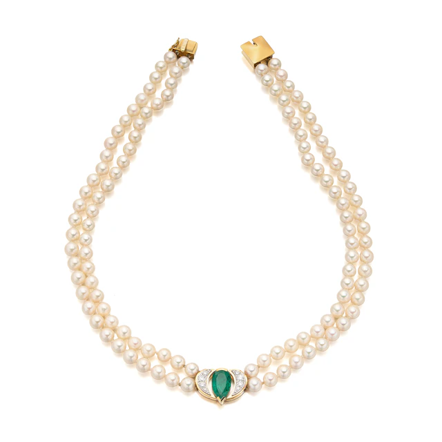 A Cultured Pearl, Emerald, Diamond and Gold Necklace, Cavelti, circa 1998