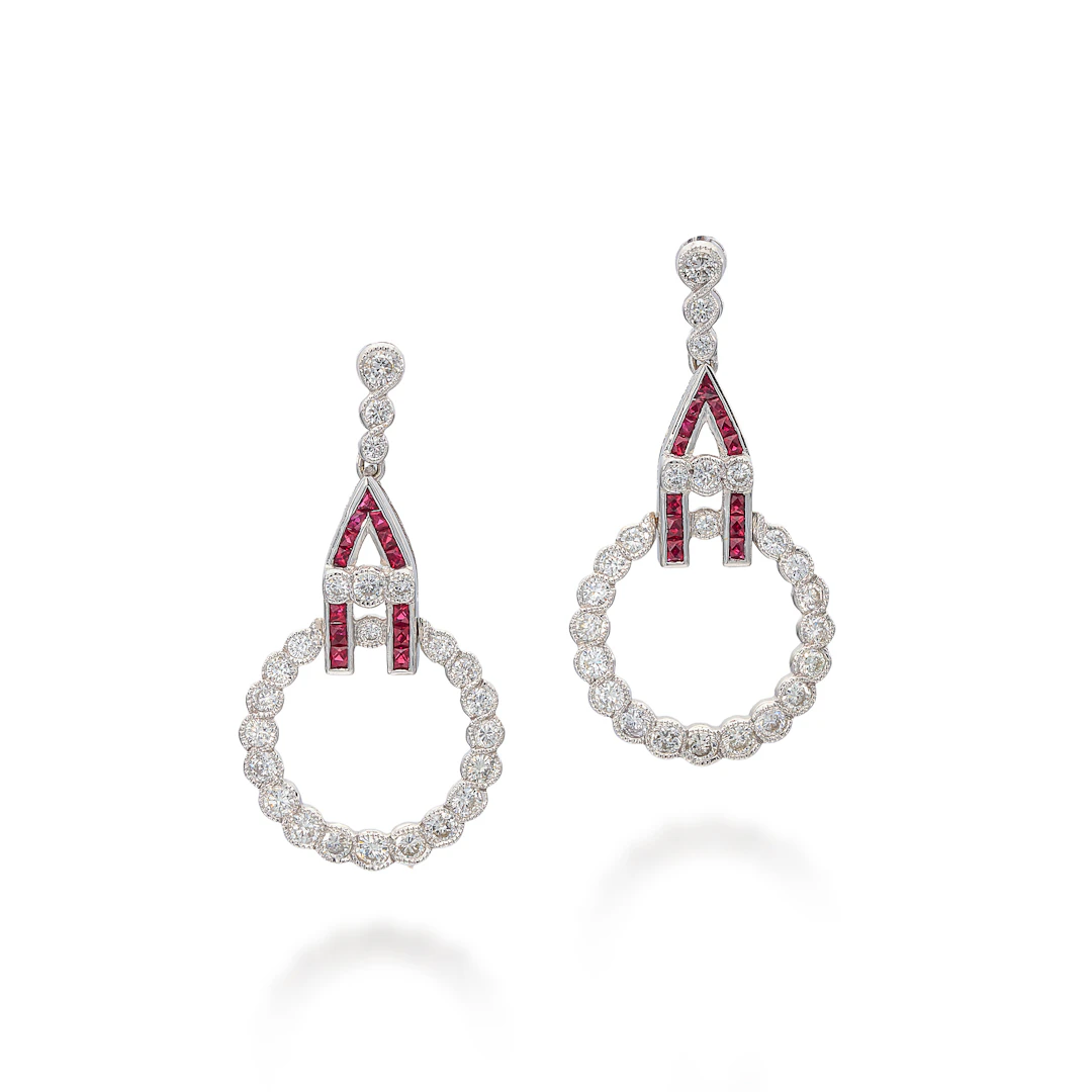 A Pair of Ruby, Diamond and White Gold Ear Pendants