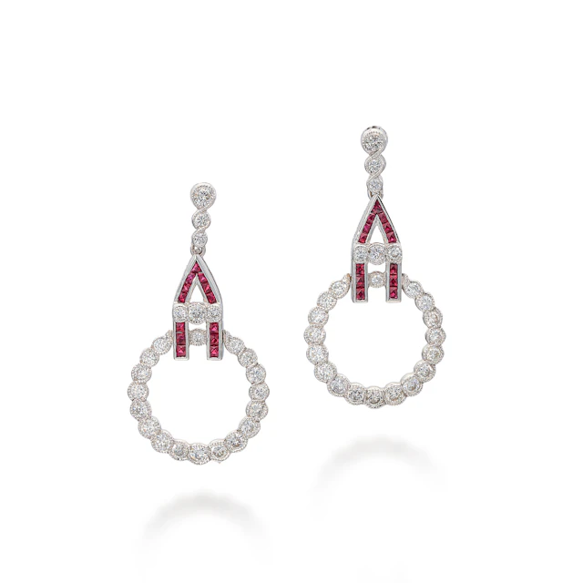 A Pair of Ruby, Diamond and White Gold Ear Pendants