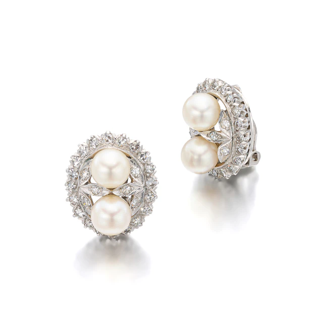 A Pair of Cultured Pearl, Diamond and White Gold Ear Clips