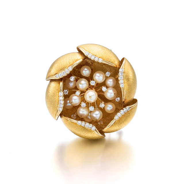 A Cultured Pearl, Diamond and Gold Clip Brooch
