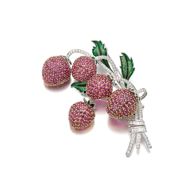 A Ruby, Diamond, Enamel and Gold Brooch