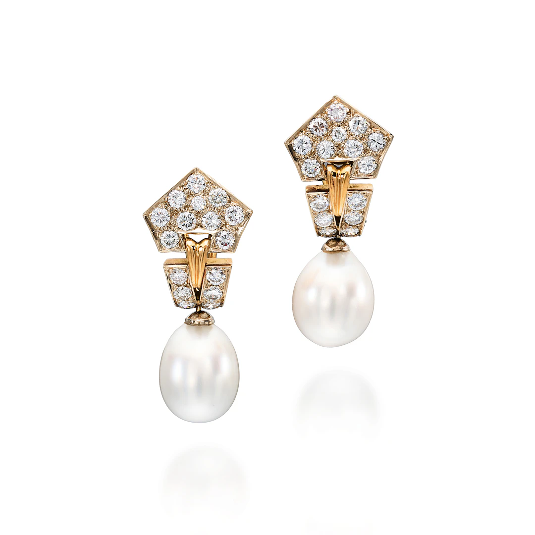 A Pair of South Sea Cultured Pearl, Diamond and Gold Ear Pendants