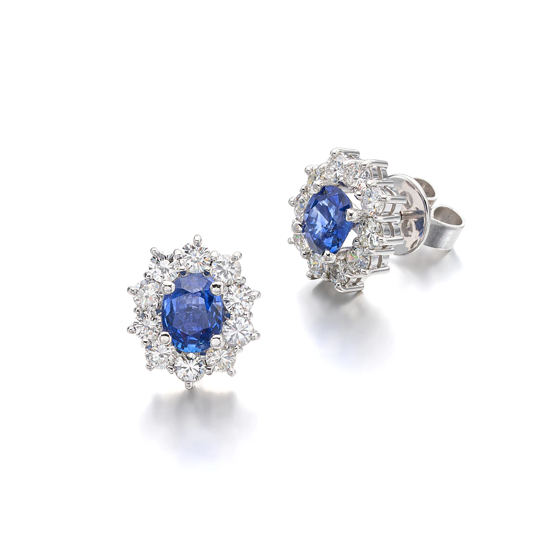 A Pair of Sapphire, Diamond and White Gold Stud Earrings