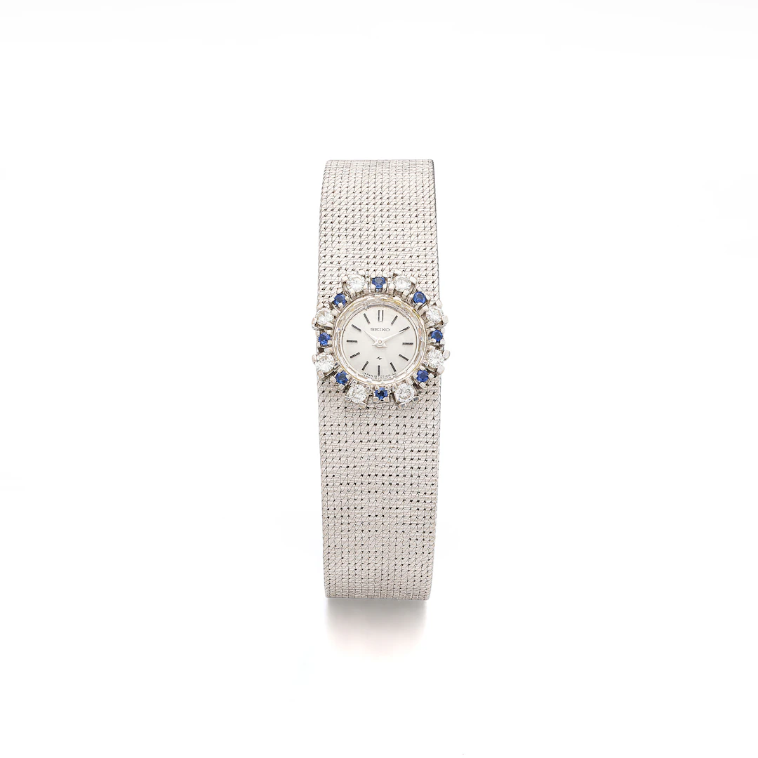 A Lady's Sapphire, Diamond and White Gold Wristwatch, Seiko