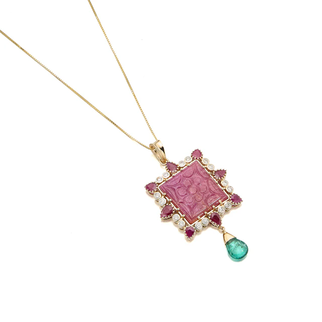 A Ruby, Emerald, Diamond and Gold Pendant Necklace