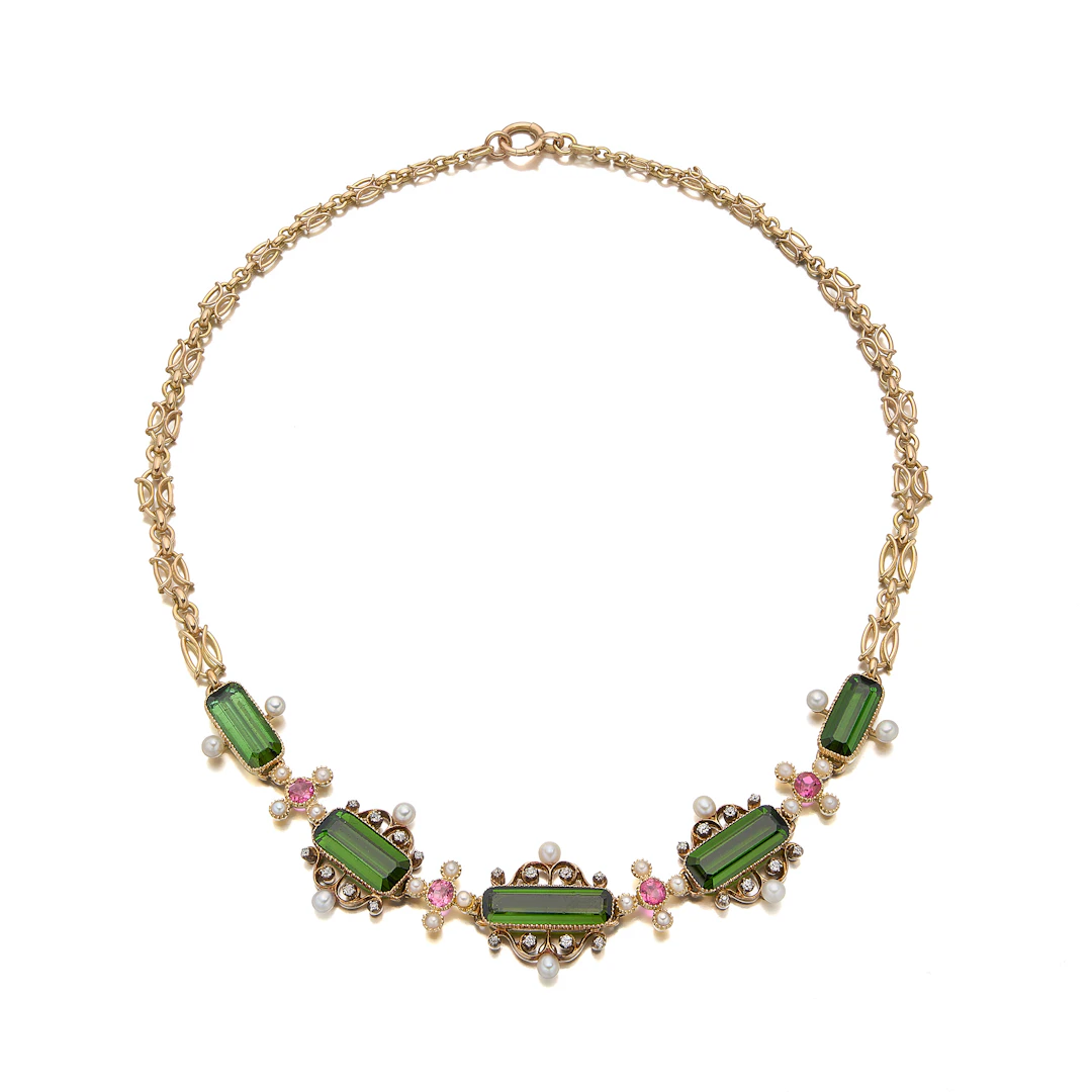 An Antique Green Tourmaline, Seed Pearl, Diamond and Gold Necklace