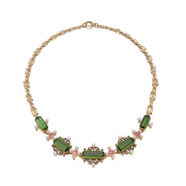An Antique Green Tourmaline, Seed Pearl, Diamond and Gold Necklace