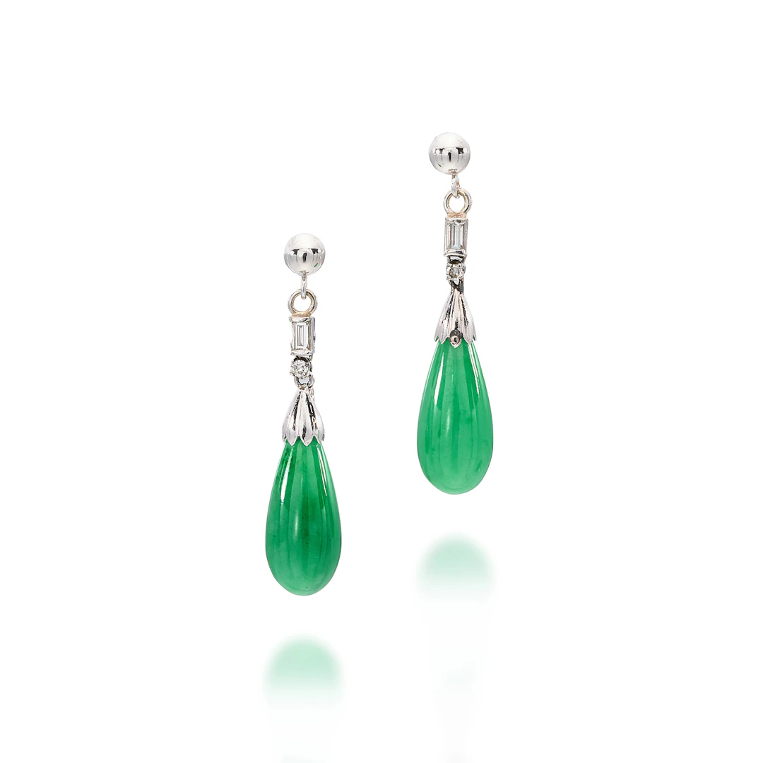 A Pair of Jadeite, Diamond and White Gold Ear Pendants