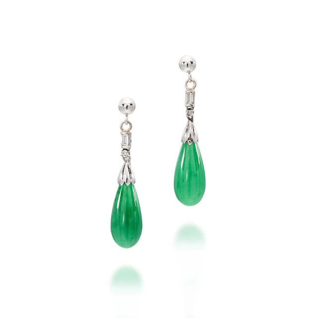 A Pair of Jadeite, Diamond and White Gold Ear Pendants