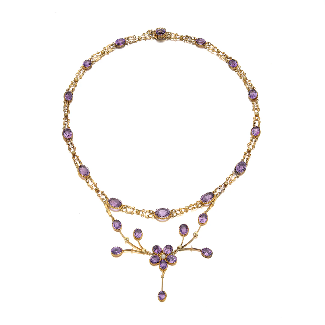An Amethyst, Split-Pearl and Gold Lavalier Necklace