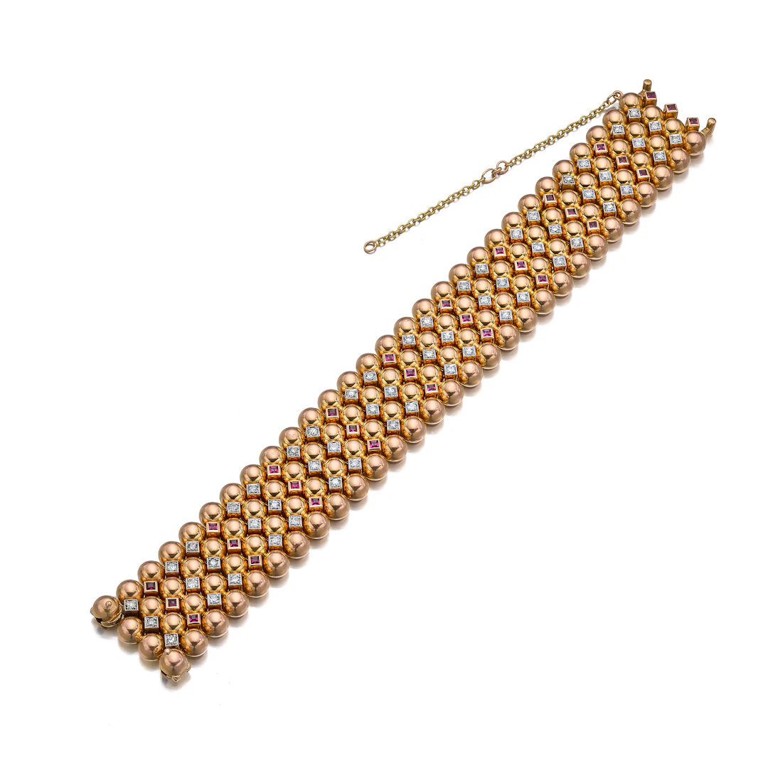 A Retro Diamond, Synthetic Ruby and Rose Gold Bracelet, circa 1950