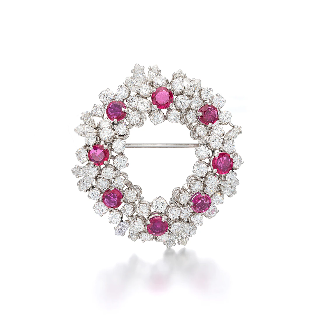 A Ruby, Diamond and Platinum Brooch