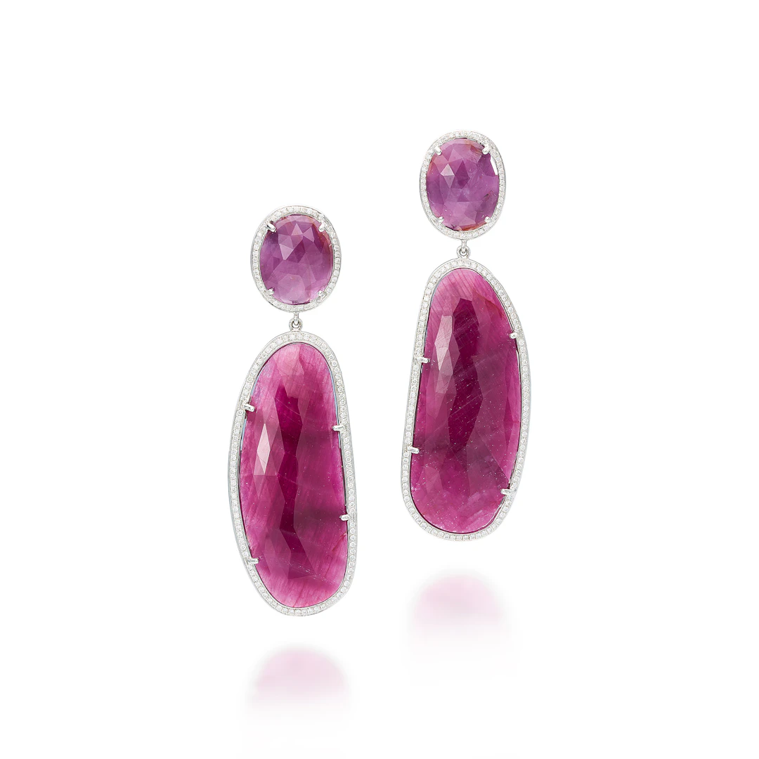A Pair of Ruby, Diamond and White Gold Ear Pendants