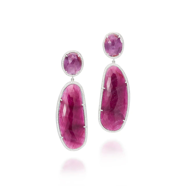 A Pair of Ruby, Diamond and White Gold Ear Pendants