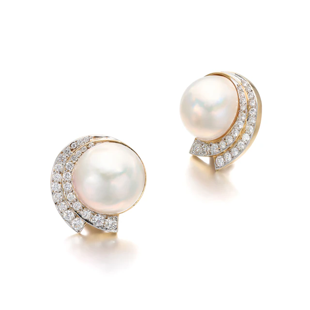 A Pair of Mabe Pearl, Diamond and Gold Ear Clips