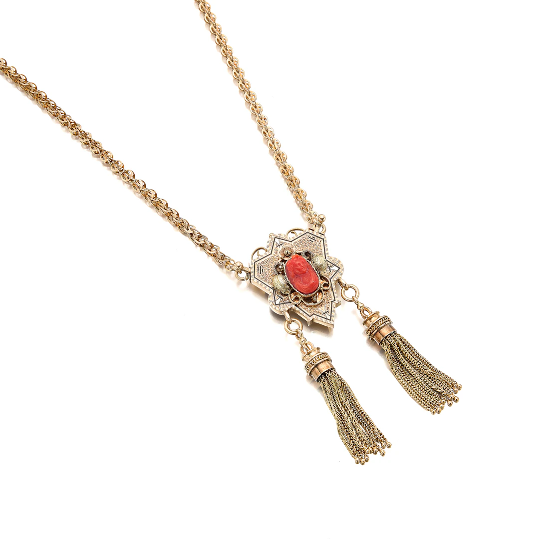An Antique Coral, Enamel and Gold Pendant/Brooch Necklace