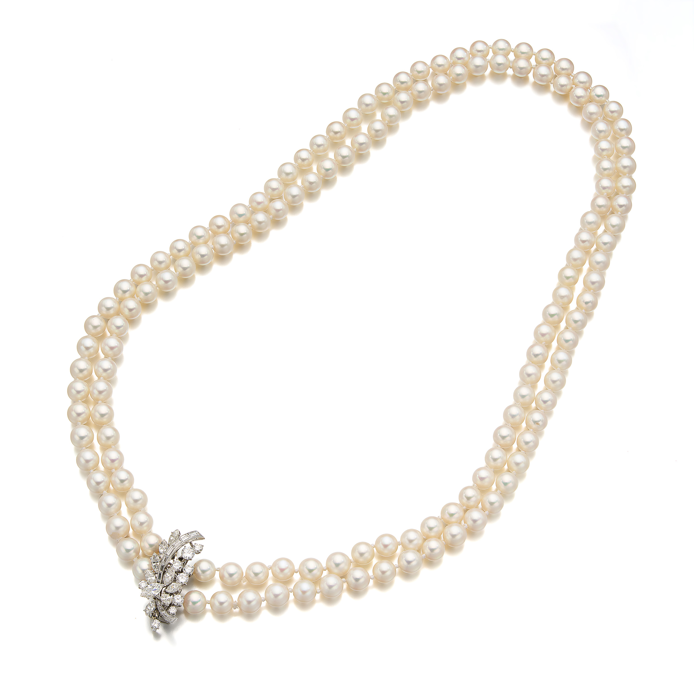A Cultured Pearl, Diamond, Platinum and White Gold Necklace