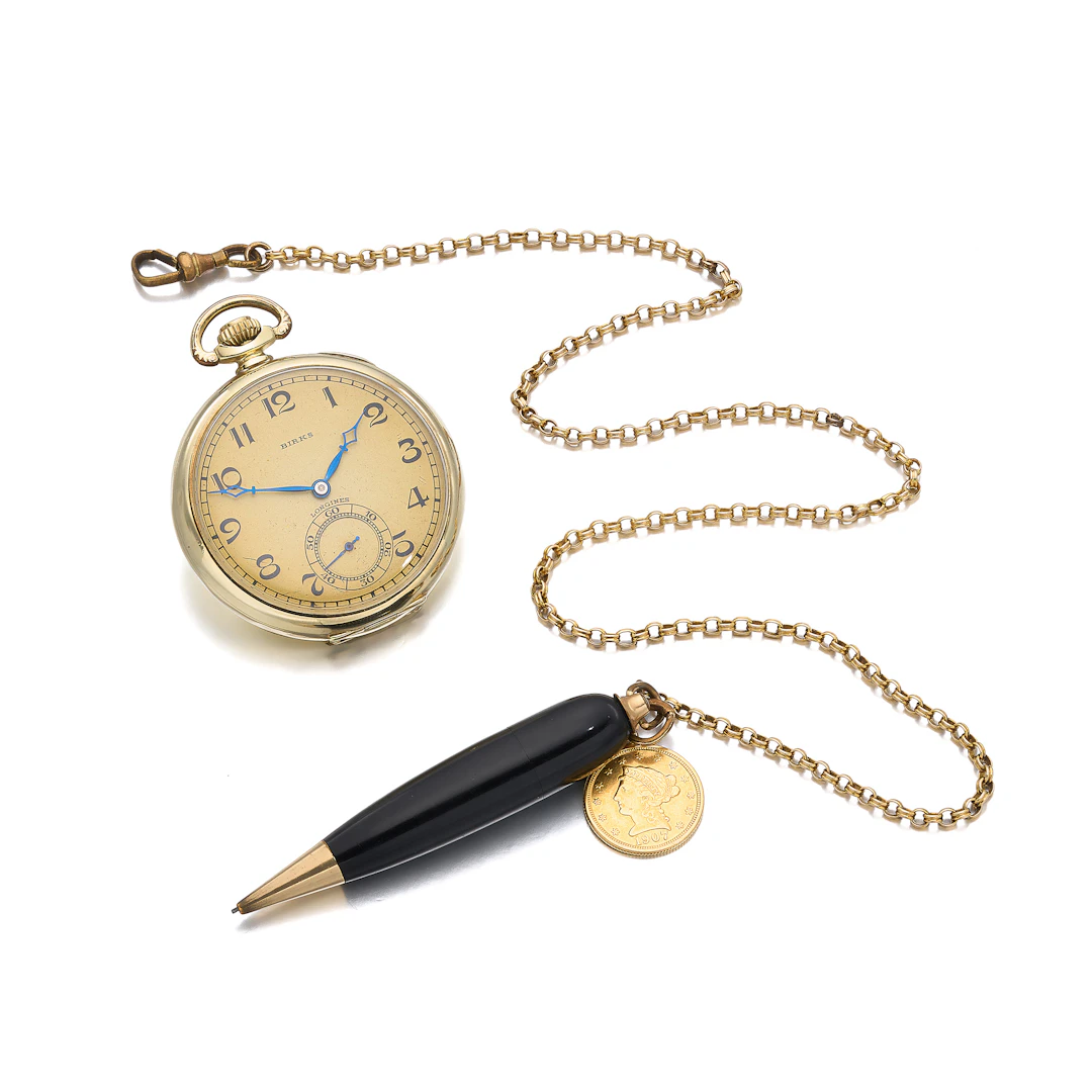 A Gold Pocket Watch, with Accessories, retailed by Birks, Longines