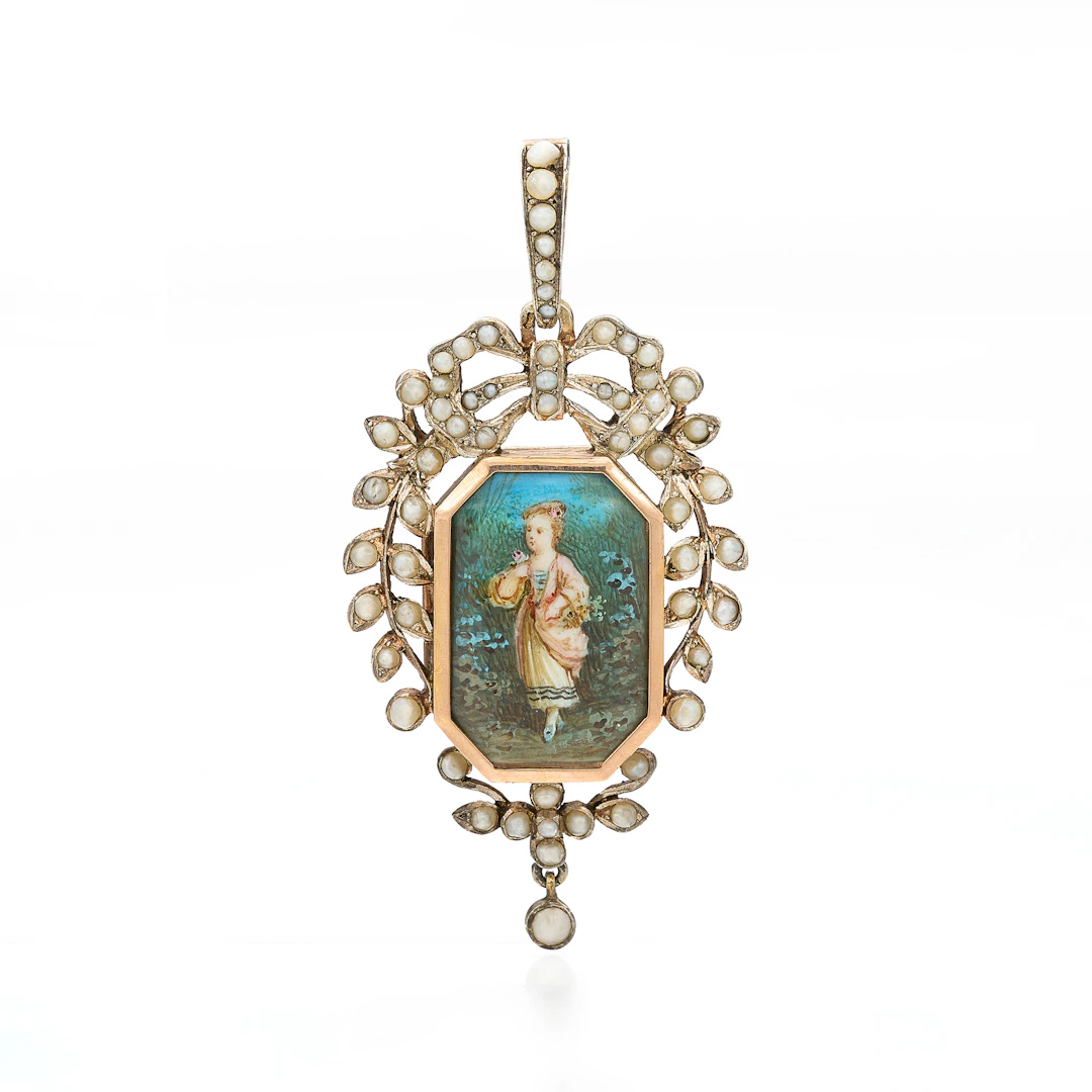An Antique Painted Enamel Miniature, Seed-Pearl and Silver Gilt Memory