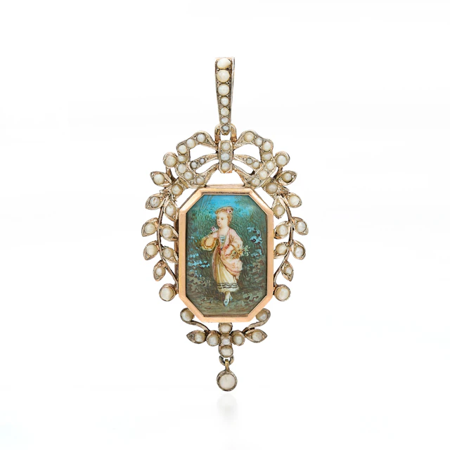 An Antique Painted Enamel Miniature, Seed-Pearl and Silver Gilt Memory