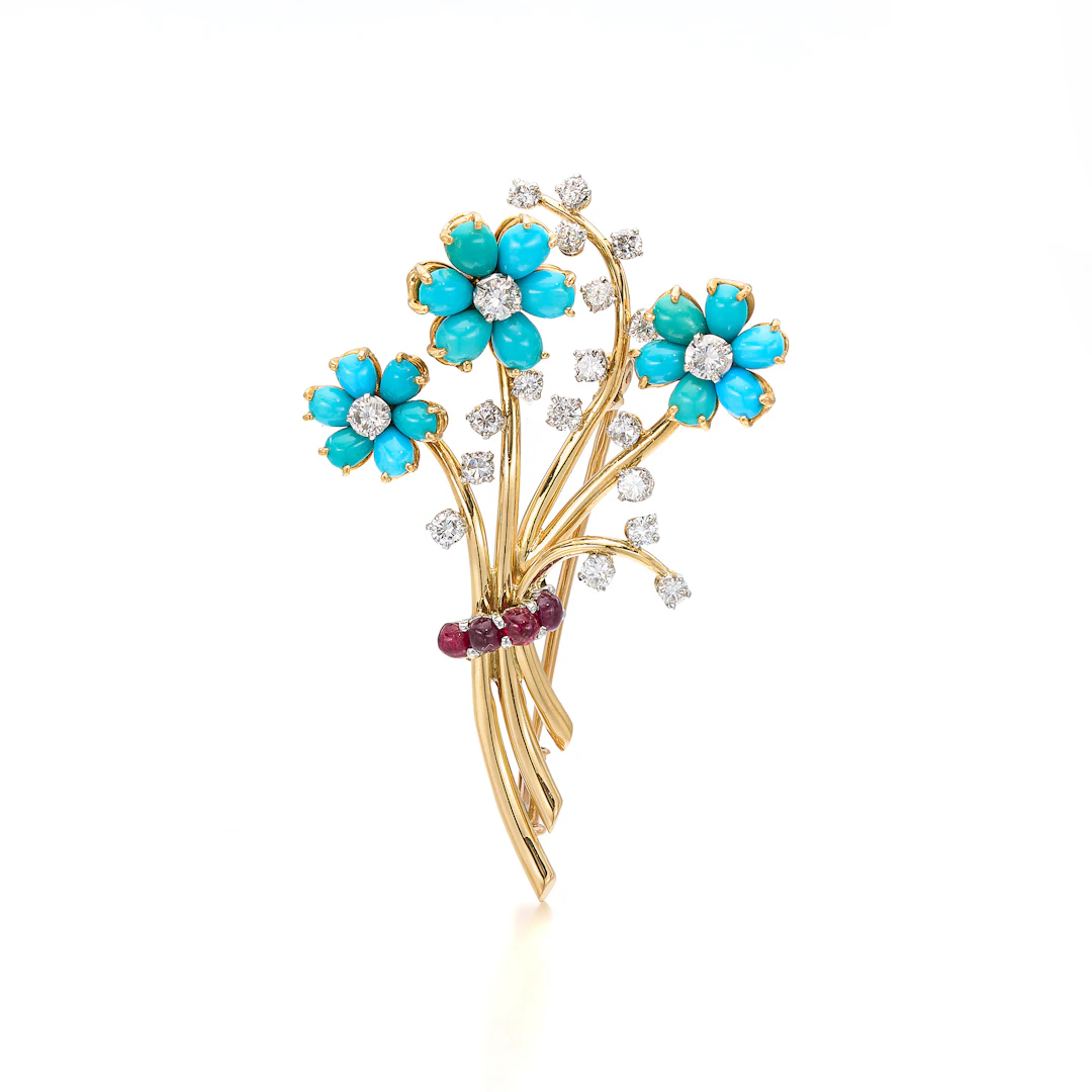 A Turquoise, Diamond, Ruby and Gold Brooch, Gubelin