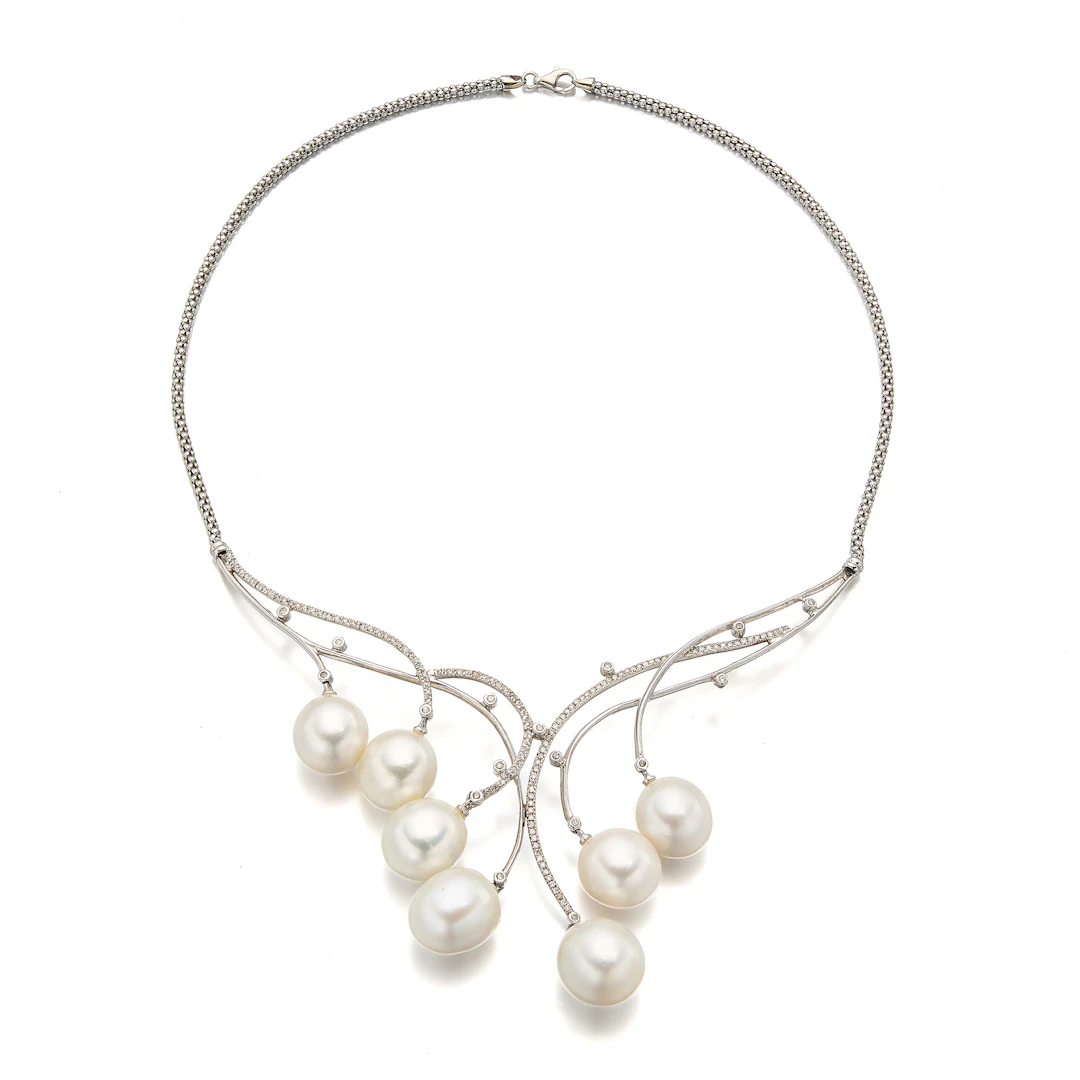 A Cultured Pearl, Diamond and White Gold Necklace