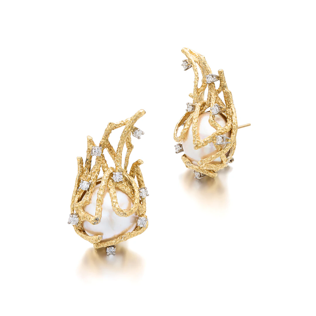 A Pair of Mabe Pearl, Diamond and Gold Ear Clips