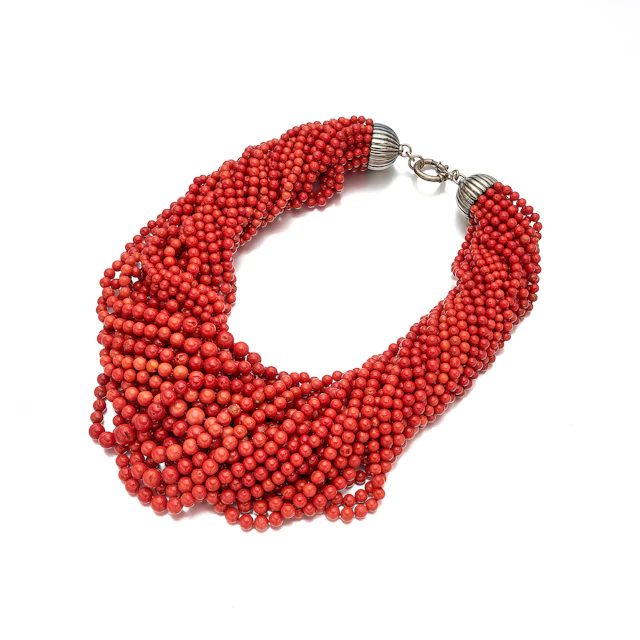 A Coral and Silver Torsade Necklace
