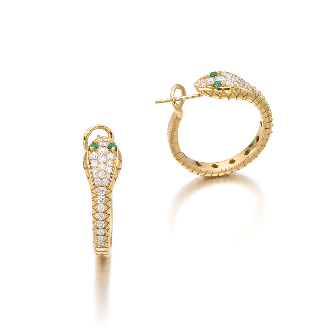 A Pair of Emerald, Diamond and Gold Hoop Ear Clips